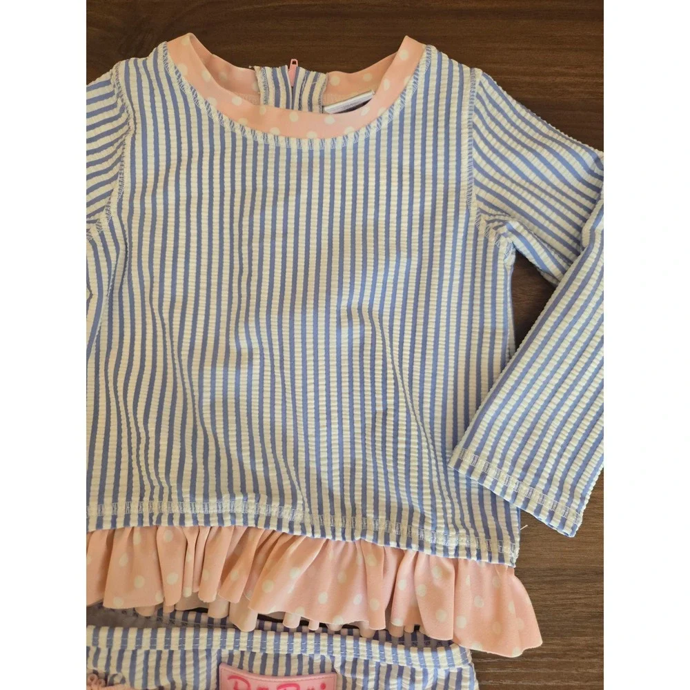 RuffleButts Girls Blue‎ Seersucker Striped Rash Guard Swimsuit Set 18-24M